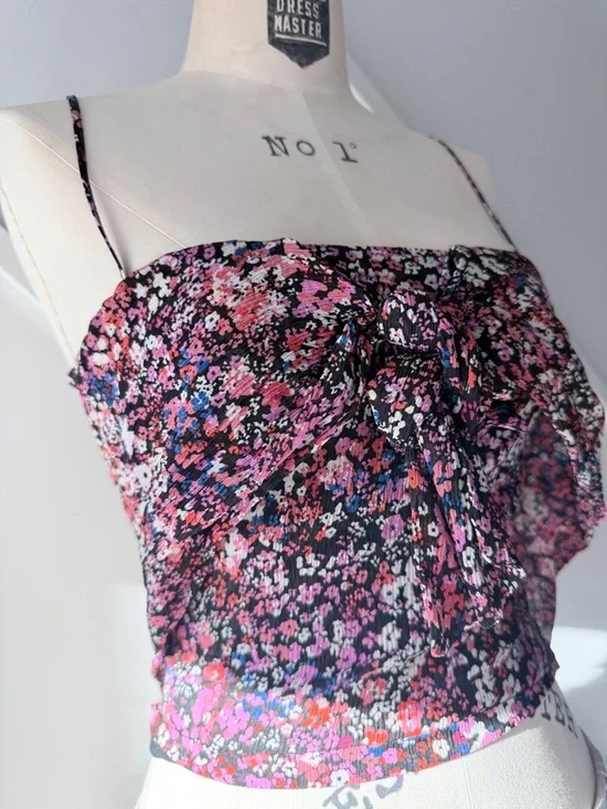 Maje Floral Silk Crop Top Black Pink (3/S) | Sleeveless Parisian Chic Summer - Picture 5 of 13